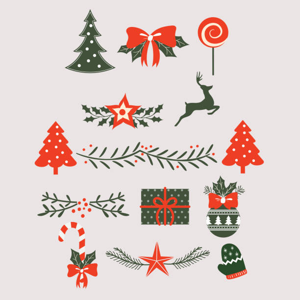 ilustraciones, imágenes clip art, dibujos animados e iconos de stock de elementos de diseño y etiqueta de navidad para tarjetas postales - christmas decoration
