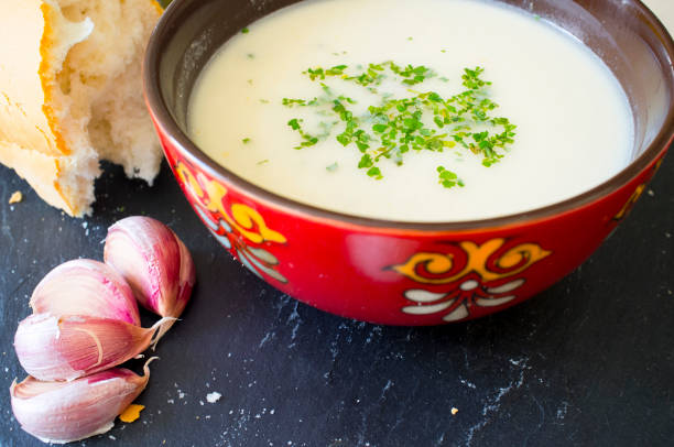 Ajoblanco o white gazpacho, popular cold soup from south spain Ajoblanco o white gazpacho, popular cold soup from south spain vinegar stock pictures, royalty-free photos & images