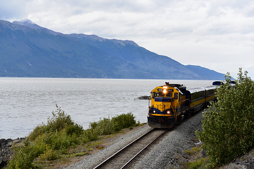 A train from the Alaska Railroad travels south along the Turnagain Army near Anchorage, Alaska.