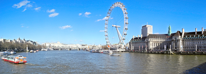 London, England - February 21, 2018: Morning image of London.. The Thames embankment and the London Eye ferris wheel