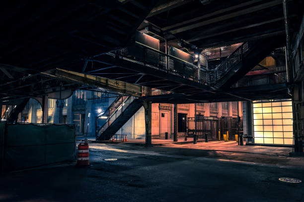 istock Vintage Chicago elevated CTA train subway station at night 1050374190