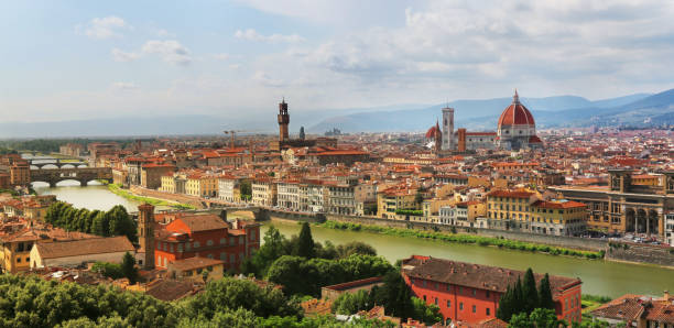 View of Florence Cathedral, Palazzo Vecchio and Ponte Vecchio - the famous landmarks in Florence, Italy stock photo