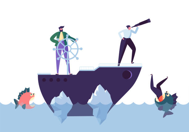 istock Business People Floating on the Ship in the Dangerous Water with Sharks. Leadership, Support, Crisis Manager Character, Teamworking Concept. Vector illustration 1050374930