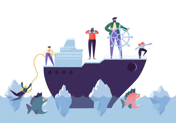 Vector illustration of Business People Floating on the Ship in the Dangerous Water with Sharks. Leadership, Support, Crisis Manager Character, Teamworking Concept. Vector illustration