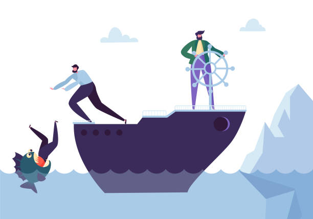 istock Business People Floating on the Ship in the Dangerous Water with Sharks. Leadership, Support, Crisis Manager Character, Teamworking Concept. Vector illustration 1050376974