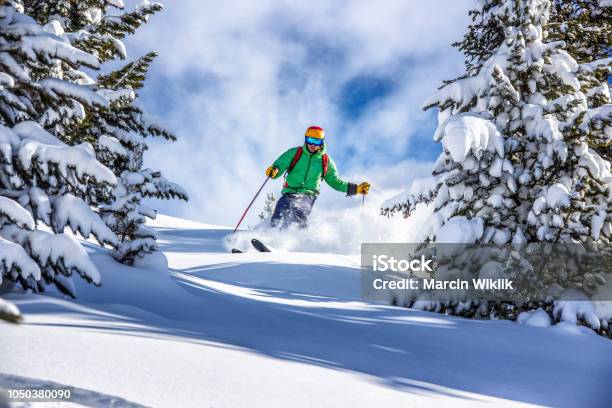Freeride Skier Charging Down Through The Forest In Fresh Powder Kuhtai Austria Stock Photo - Download Image Now