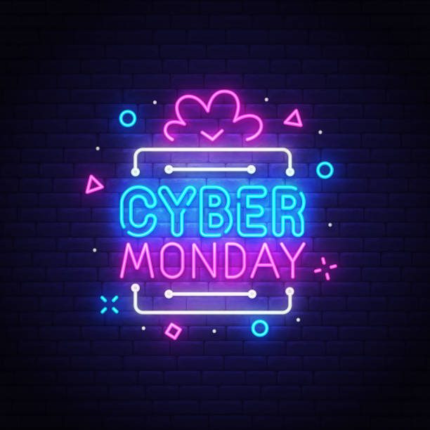 Cyber Monday neon sign, bright signboard, light banner. Discount, night sale logo, emblem. Vector illustration Cyber Monday neon sign, bright signboard, light banner. Discount, night sale logo, emblem. Vector illustration. monday night stock illustrations