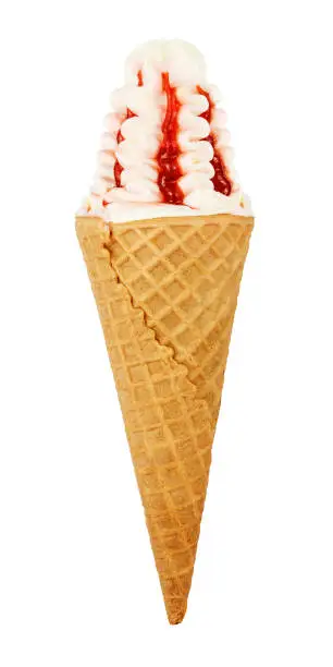 Ice Cream Cone isolated on white background. Red Jam on Ice Cream. Waffle Horn.