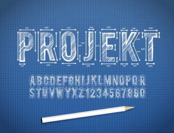 Blue Print sketch vector font Blue Print sketch font in vector format industry drawings stock illustrations