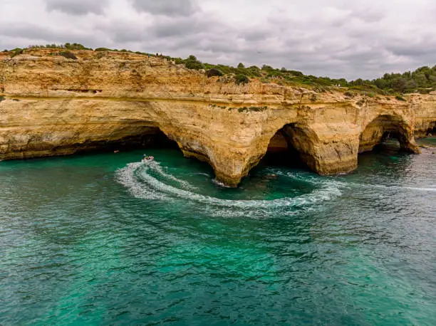 aerial view from the see of Benagil Cave in Algarve, south of Portugal