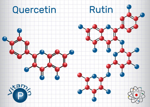 ilustrações, clipart, desenhos animados e ícones de quercetina, molécula de rutina (vitamina p). fórmula química estrutural. folha de papel em uma gaiola - quercetin