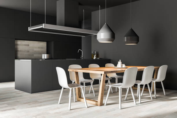 istock Wooden floor kitchen corner, gray island, table 1050410362