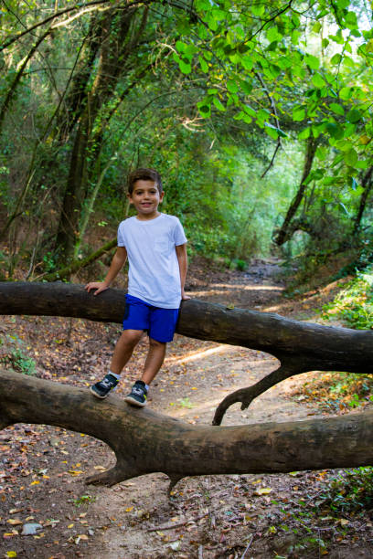 istock Cute child in the woods playing alone 1050423598