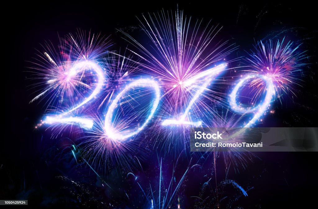 Happy New Years 2019 With Fireworks New Years 2019 With Fireworks In Black Sky 2019 Stock Photo