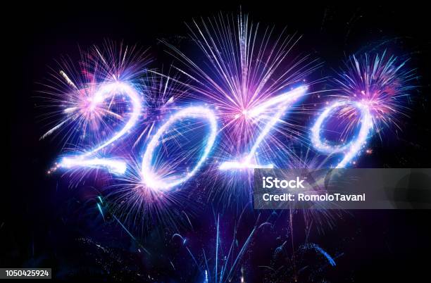 Happy New Years 2019 With Fireworks Stock Photo - Download Image Now - 2019, Black Background, Black Color