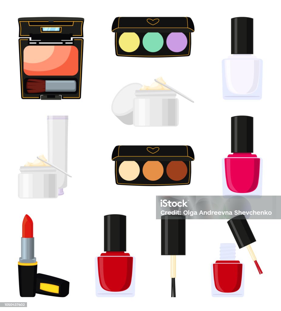 11 colorful cartoon make up elements 12 colorful cartoon make up elements. Cosmetic objects for women gifts. Beauty themed vector illustration for icon, logo, stamp, label, sticker, badge, gift card or certificate decoration Cartoon stock vector