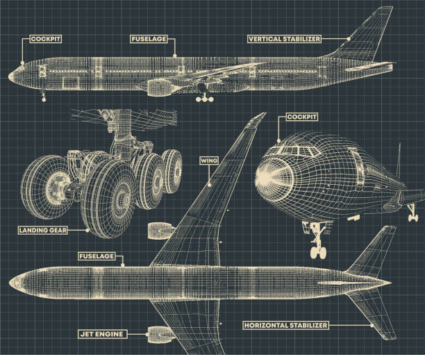 Civil Airliner drawing fragment Vector illustration of a fragment of drawings of a civilian jet in the retro style airplane designs stock illustrations