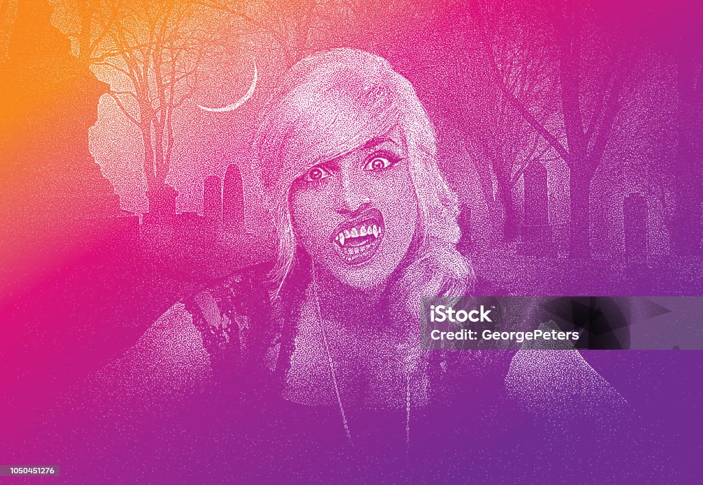 Beautiful female vampire with funny expression Mezzotint illustration of a Beautiful female vampire in cemetery with funny expression Adult stock vector