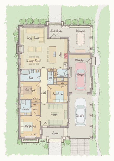 Bungalow Floorplan A detailed illustration of a bungalow floorplan with modern design features. All elements are on well organized layers for easy separation and re-coloring if necessary. This floorplan was designed by me specifically for this illustration. floor plan illustrations stock illustrations
