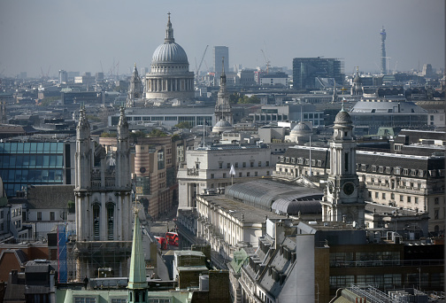 The City of London financial district.   The Bank of England is right of frame and St Paul's cathedral is on the horizon