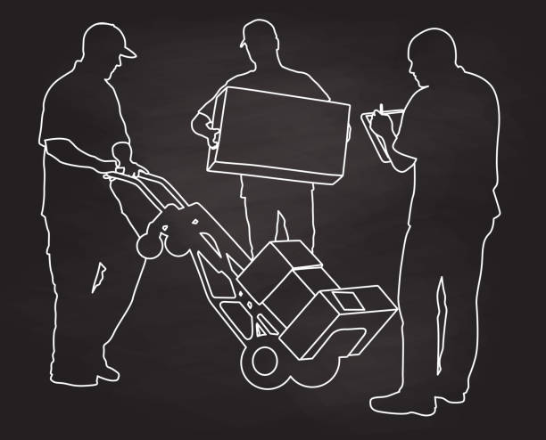 Special Delivery Private Courier Chalkboard illustration of shipping and delivering workers mover delivery person box hand truck stock illustrations
