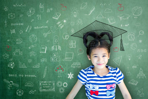 istock Smart educated school kid student with graduation hat doodle on chalkboard  for children's world literacy day and scholarship concept 1050481794