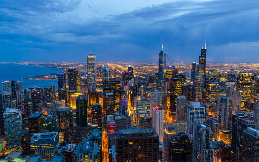 Top view of chicago skyline at dusk