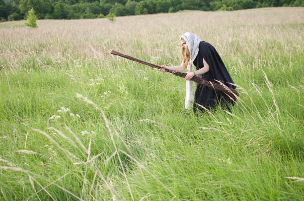istock witch with a broom on a walk in a wild field 1050490254