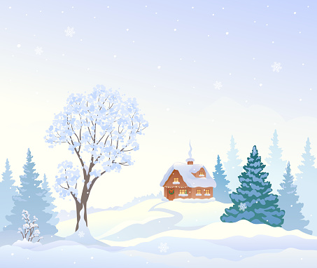 Vector cartoon drawing of a winter snowy landscape with a house and snow covered trees