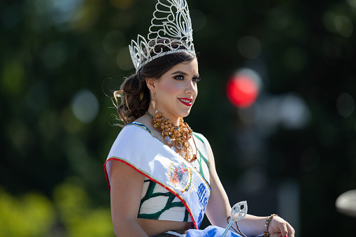 Washington, D.C., USA - September 29, 2018: The Fiesta DC Parade, The fiesta DC beauty queen ridding a horse