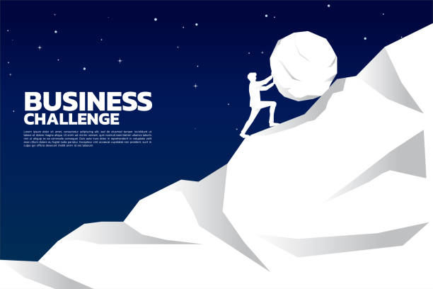 силуэт бизнесмена толкает большую скалу на вершину горы. - strength struggle emotional stress business stock illustrations