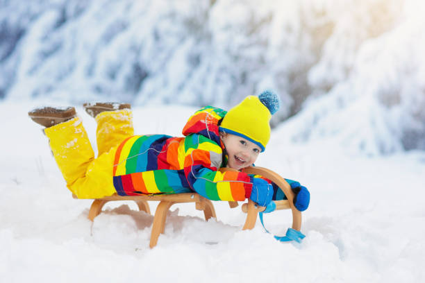 Boy on sled ride. Child sledding. Kid on sledge