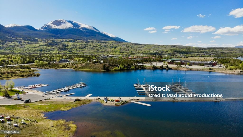 Frisco Marina, Frisco Colorado This is an aerial shot, taken by drone over the water of the marina in Frisco, Colorado. Frisco is a beautiful mountain town, situated high in the Colorado Rocky Mountains. Frisco - Colorado Stock Photo