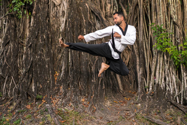 uomo che salta per praticare il calcio delle arti marciali - kicking tae kwon do martial arts flying foto e immagini stock