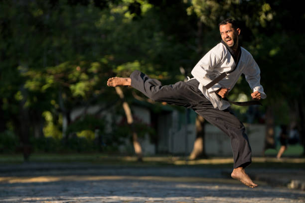 artista marziale che esegue un calcio alto a mezz'aria - kicking tae kwon do martial arts flying foto e immagini stock