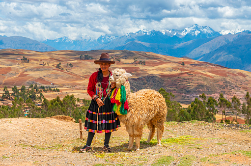 An indigenous Quechua lady with alpaca in front of a beautiful landscape in the Andes mountain range of the Sacred Valley of the Inca near Cusco, Peru.