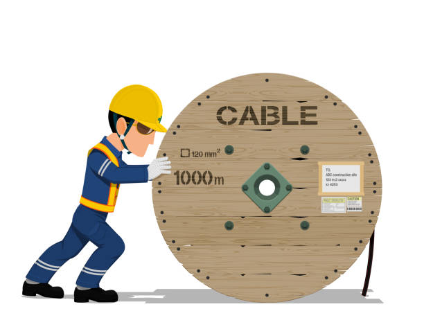 A worker is moving the cable drum on transparent background A worker is moving the cable drum on transparent background wooden spool stock illustrations