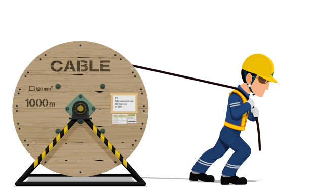 pracownik rozkłada kabel na przezroczystym tle - cable spool electricity horizontal stock illustrations