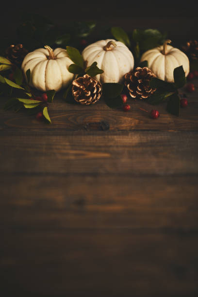 istock Artistic fall background with white pumpkins and berries 1050556230