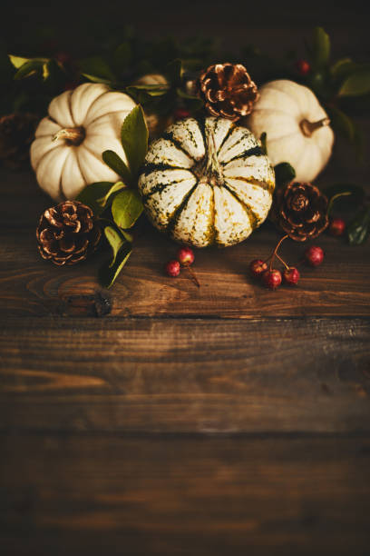 istock Artistic fall background with white pumpkins and berries 1050556246