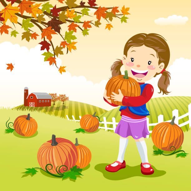 illustrazioni stock, clip art, cartoni animati e icone di tendenza di ragazza abbraccia la zucca a pumpkin patch - pumpkin child little girls pumpkin patch