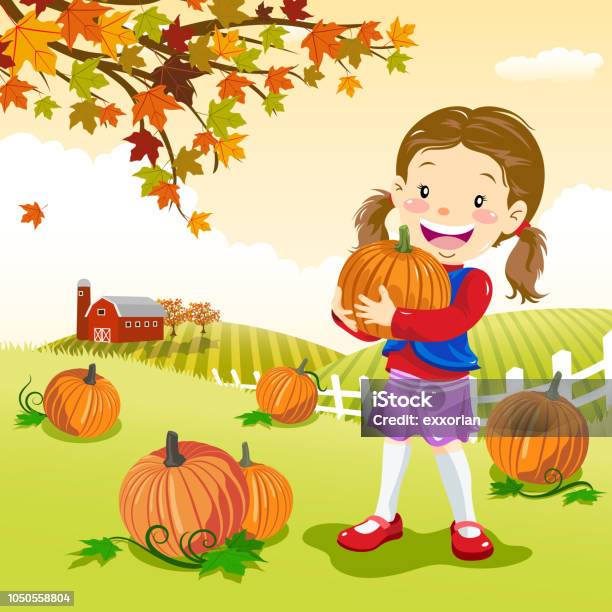 Girl Embrace Pumpkin At Pumpkin Patch Stock Illustration - Download Image Now - Pumpkin Patch, Child, Agricultural Activity