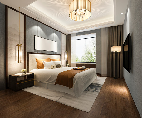 3D rendering dormitorio de lujo hermoso hotel con tv photo