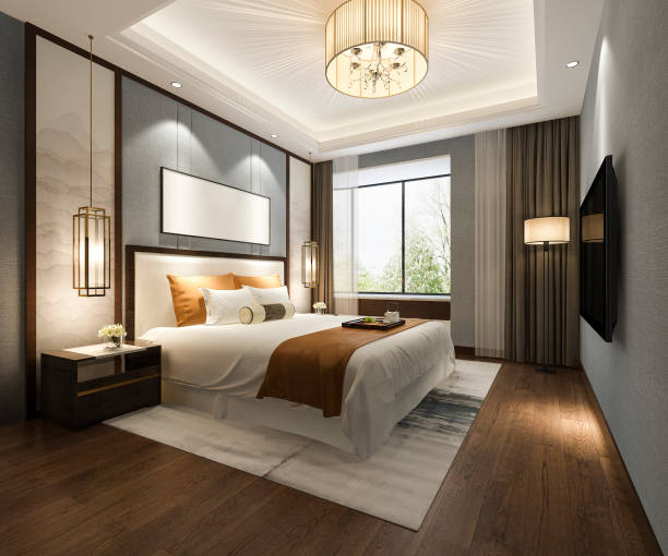 3d rendering bella suite con camera da letto di lusso in hotel con tv - contemporary bed luxury hotel room foto e immagini stock
