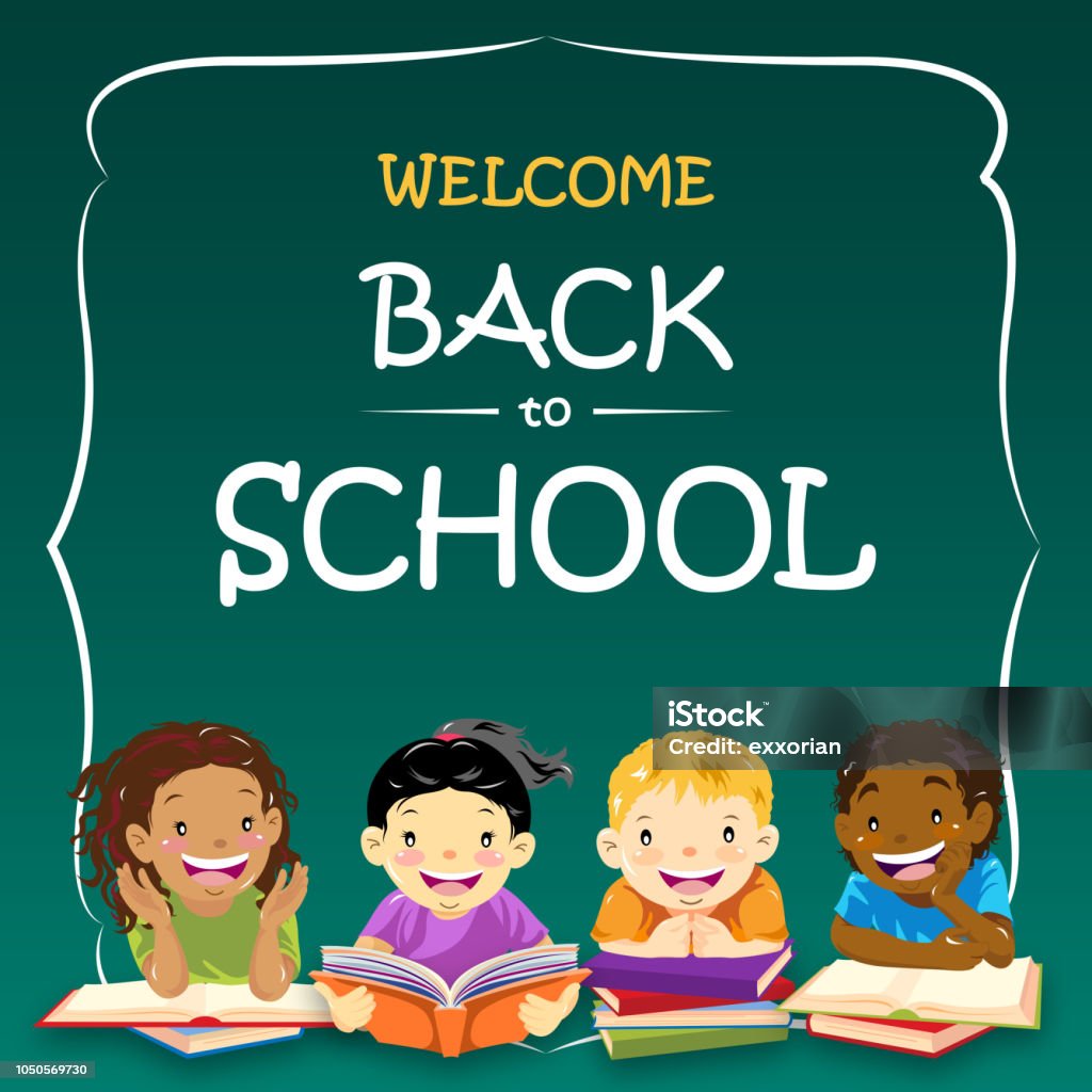 Welcome Back to School Four kids reading in front of the green board. Reading stock vector