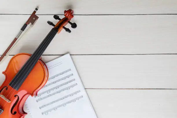 Top view of music sheet and classic violin with copy space on the wooden table