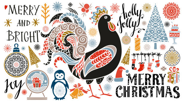 праздничные рождественские иконы, символы, знаки - bird christmas holly christmas stocking stock illustrations