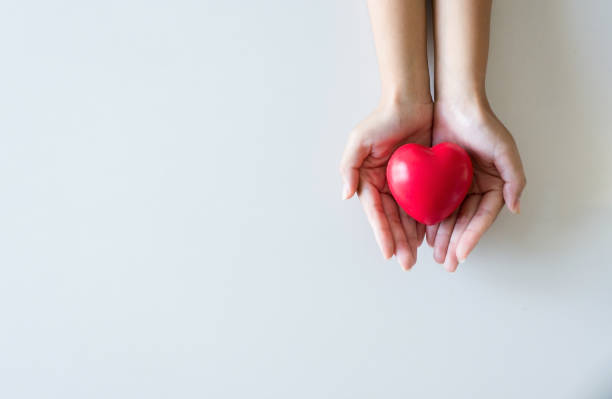 red heart on hand woman,healthcare and cardiology concept - medical equipment stethoscope blue healthcare and medicine imagens e fotografias de stock