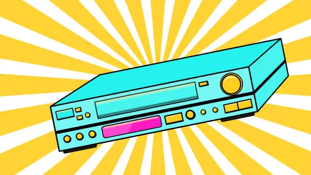 Vector illustration of Blue Old Vintage Volumetric Retro Hipster Antique VCR for videocassettes for watching movies, videos from the 80's, 90's on a background of yellow rays. Vector