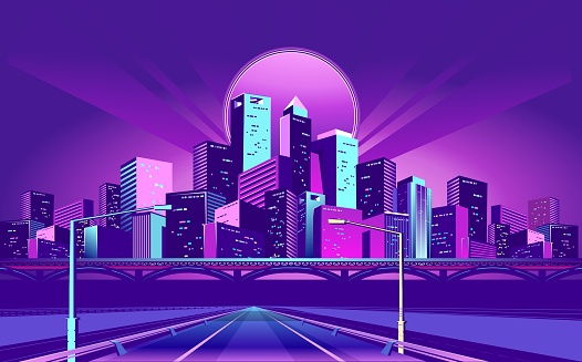 Night neon city, bridge going to skyscrapers, road inland with , vector horizontal illustration